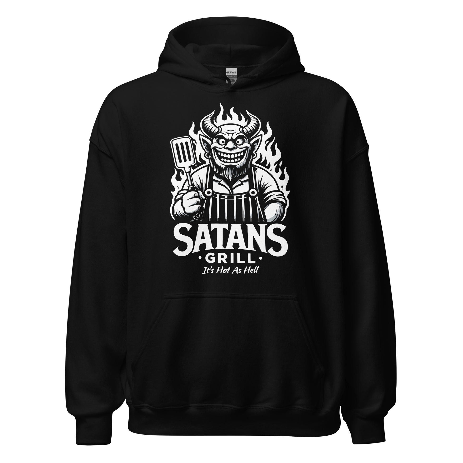Satans Grill BBQ hoodie on black featuring devil chef holding grilling spatula