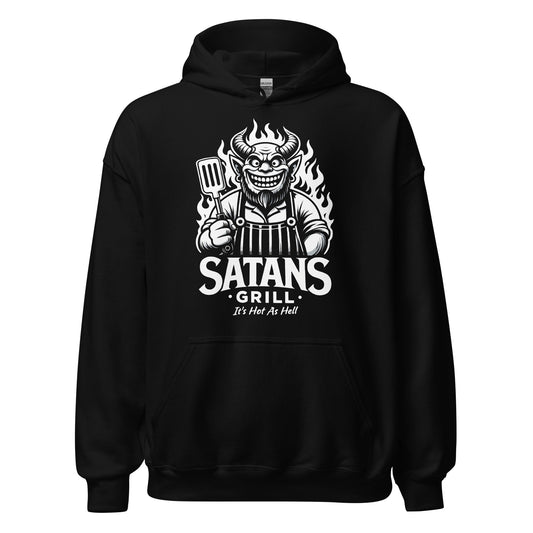 Satans Grill BBQ hoodie on black featuring devil chef holding grilling spatula