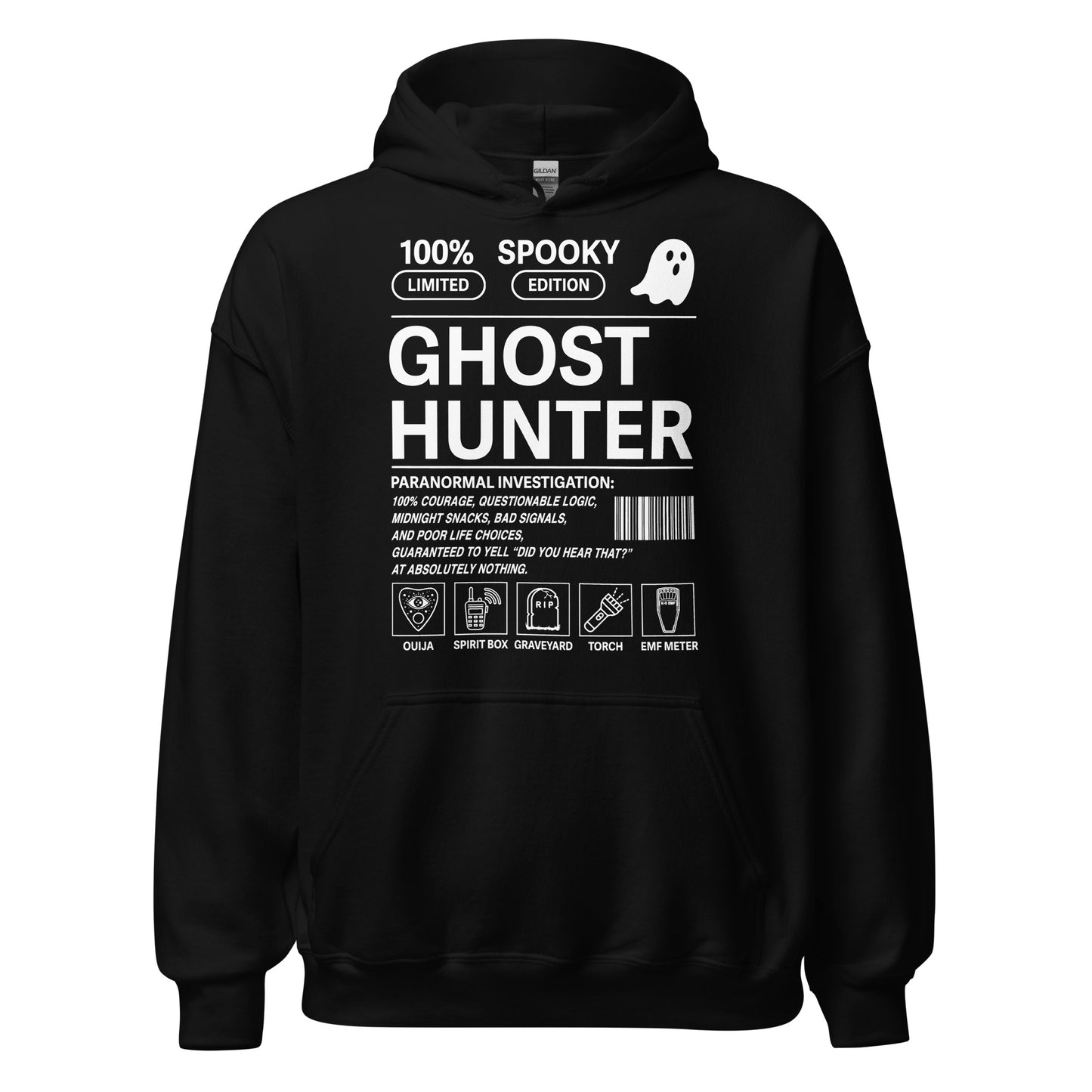 Ghost hunter paranormal hoodie on black featuring spooky paranormal investigation design