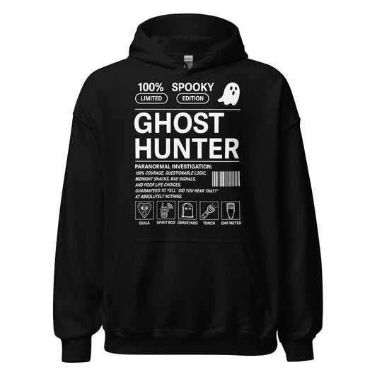 Ghost hunter paranormal hoodie on black featuring spooky paranormal investigation design