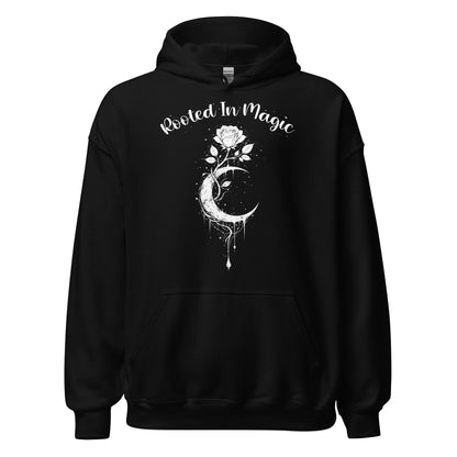rooted in magic witchcraft hoodie crescent moon rose gothic occult design dark aesthetic clothing