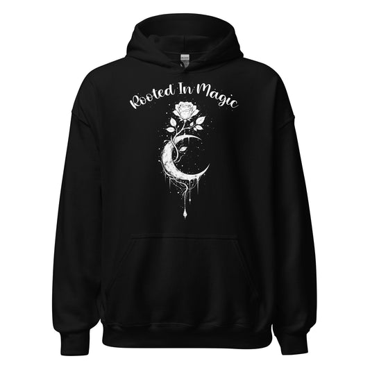 rooted in magic witchcraft hoodie crescent moon rose gothic occult design dark aesthetic clothing