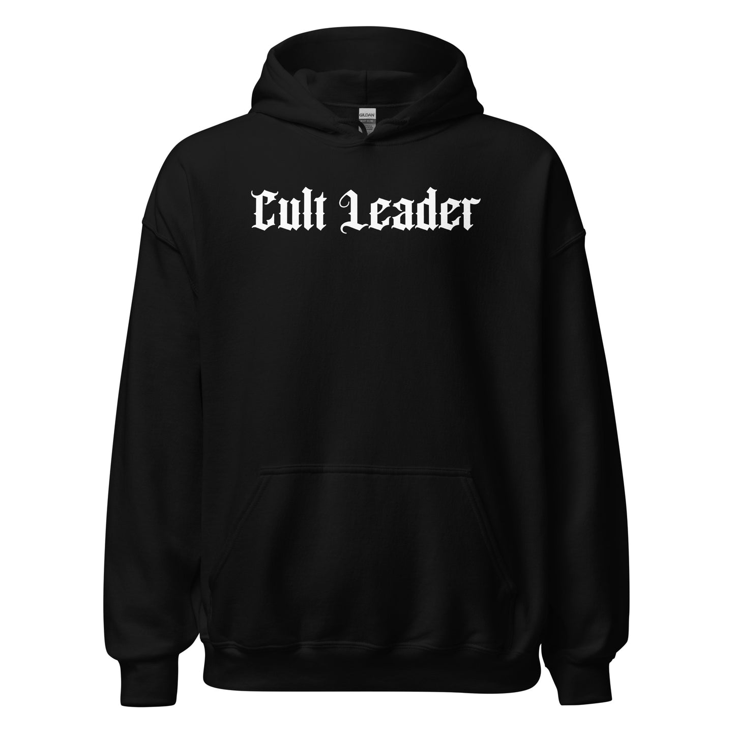 cult leader gothic hoodie bold blackletter typography occult dark aesthetic clothing black garment