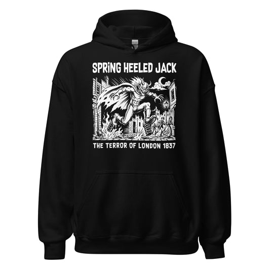 Spring Heeled Jack hoodie front view, Victorian horror figure leaping across London street scene 1837, white illustration on black
