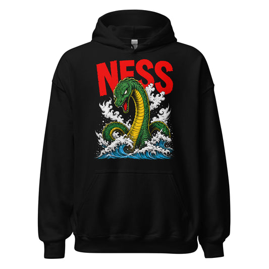 Loch Ness monster hoodie front view, Nessie emerging from waves in bold colourful kaiju style on black, Unisex
