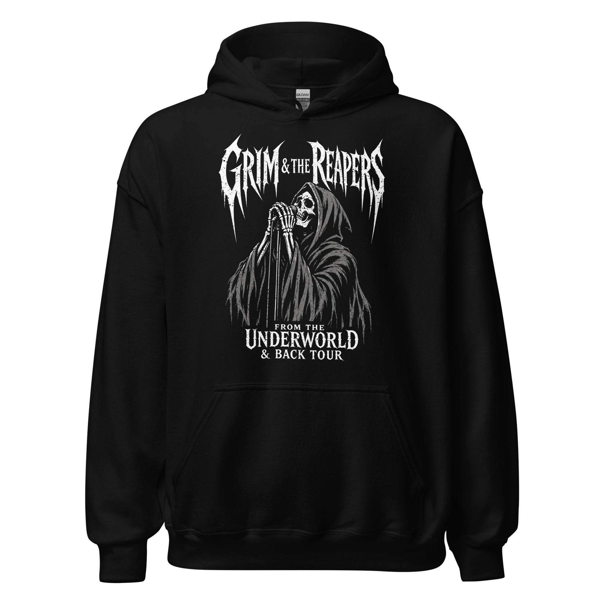 grim reaper hoodie front view, skeleton performing with microphone in gothic band tour design, distressed white graphic on black
