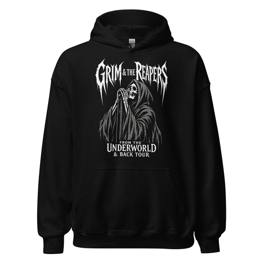 grim reaper hoodie front view, skeleton performing with microphone in gothic band tour design, distressed white graphic on black