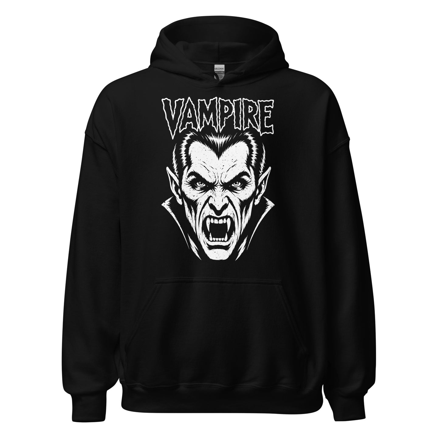 vampire hoodie front view, retro vampire face with sharp fangs and gothic horror text in white on black