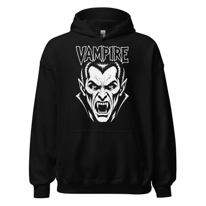 vampire hoodie front view, retro vampire face with sharp fangs and gothic horror text in white on black