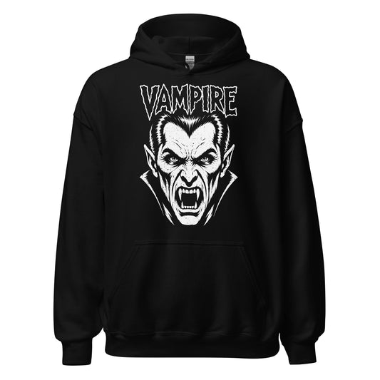 vampire hoodie front view, retro vampire face with sharp fangs and gothic horror text in white on black