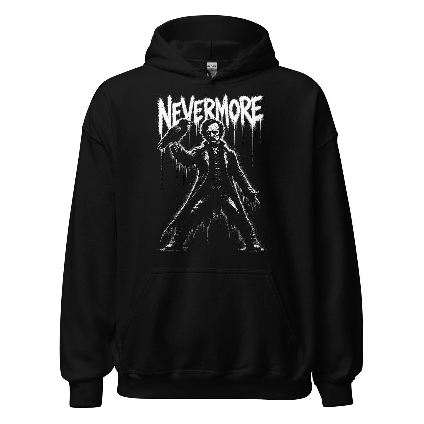 nevermore hoodie front view, gothic edgar allan poe figure with raven and distressed white text on black