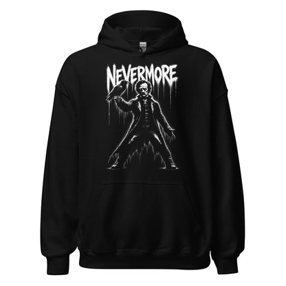 nevermore hoodie front view, gothic edgar allan poe figure with raven and distressed white text on black