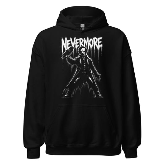 nevermore hoodie front view, gothic edgar allan poe figure with raven and distressed white text on black