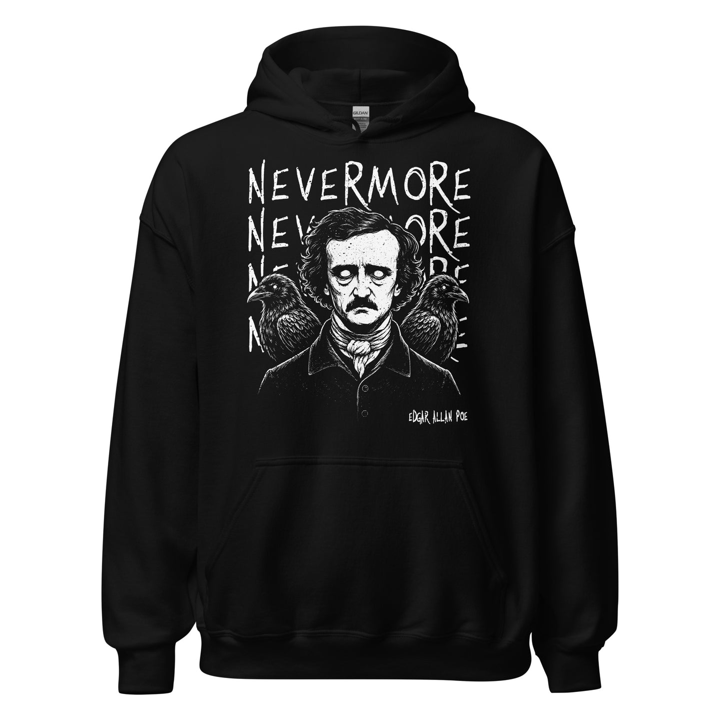 nevermore raven hoodie front view, edgar allan poe portrait with ravens and distressed white gothic text on black