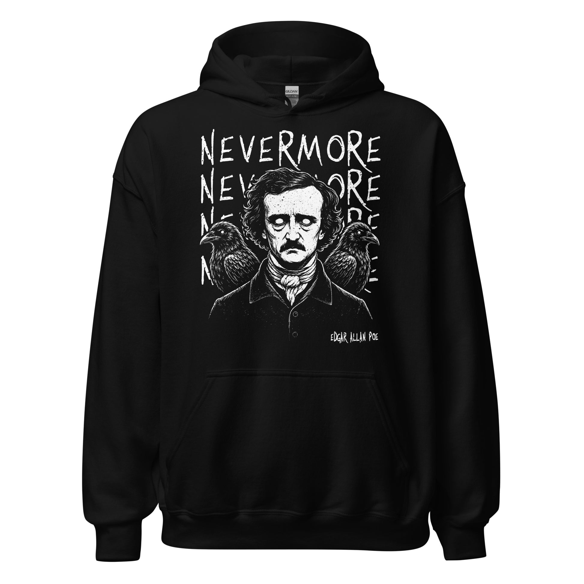 nevermore raven hoodie front view, edgar allan poe portrait with ravens and distressed white gothic text on black