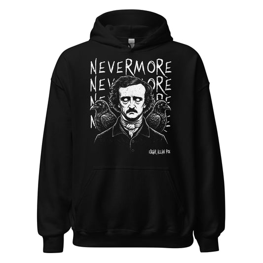 nevermore raven hoodie front view, edgar allan poe portrait with ravens and distressed white gothic text on black