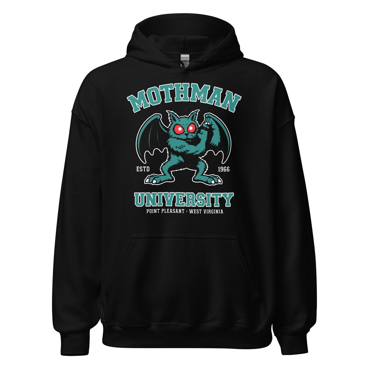 Black hoodie with Mothman University graphic featuring the famous Point Pleasant cryptid, front view