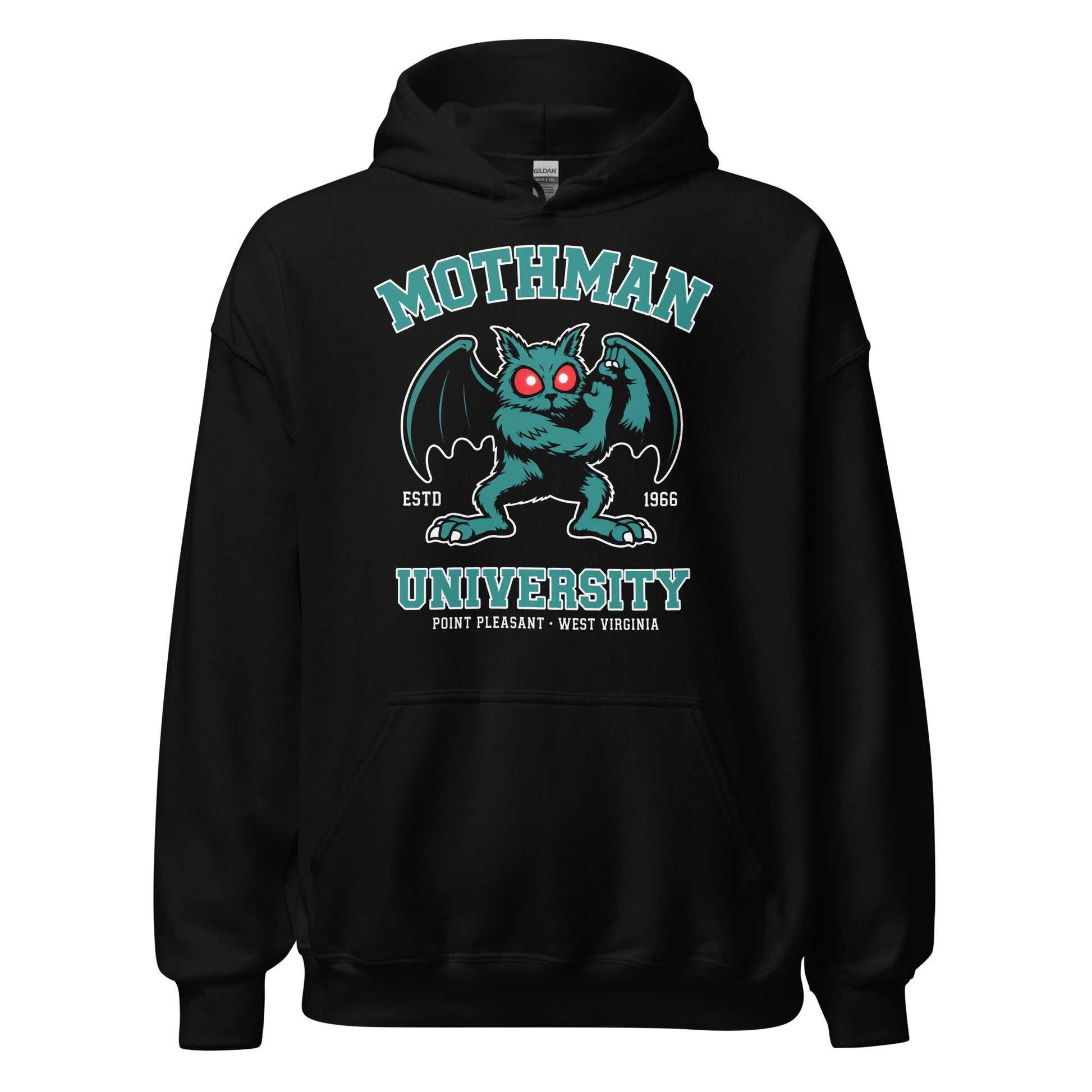 Black hoodie with Mothman University graphic featuring the famous Point Pleasant cryptid, front view