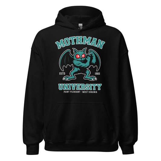 Black hoodie with Mothman University graphic featuring the famous Point Pleasant cryptid, front view