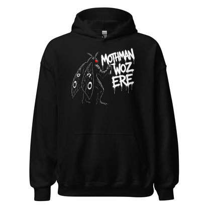 Mothman graffiti cryptid horror hoodie front view with red eyed spray paint artwork on black fabric