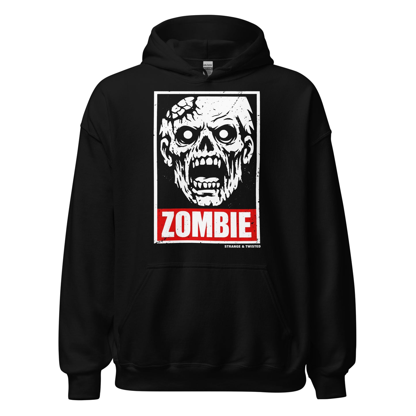 Undead zombie horror hoodie front view with terrifying zombie face graphic and red zombie text on black fabric
