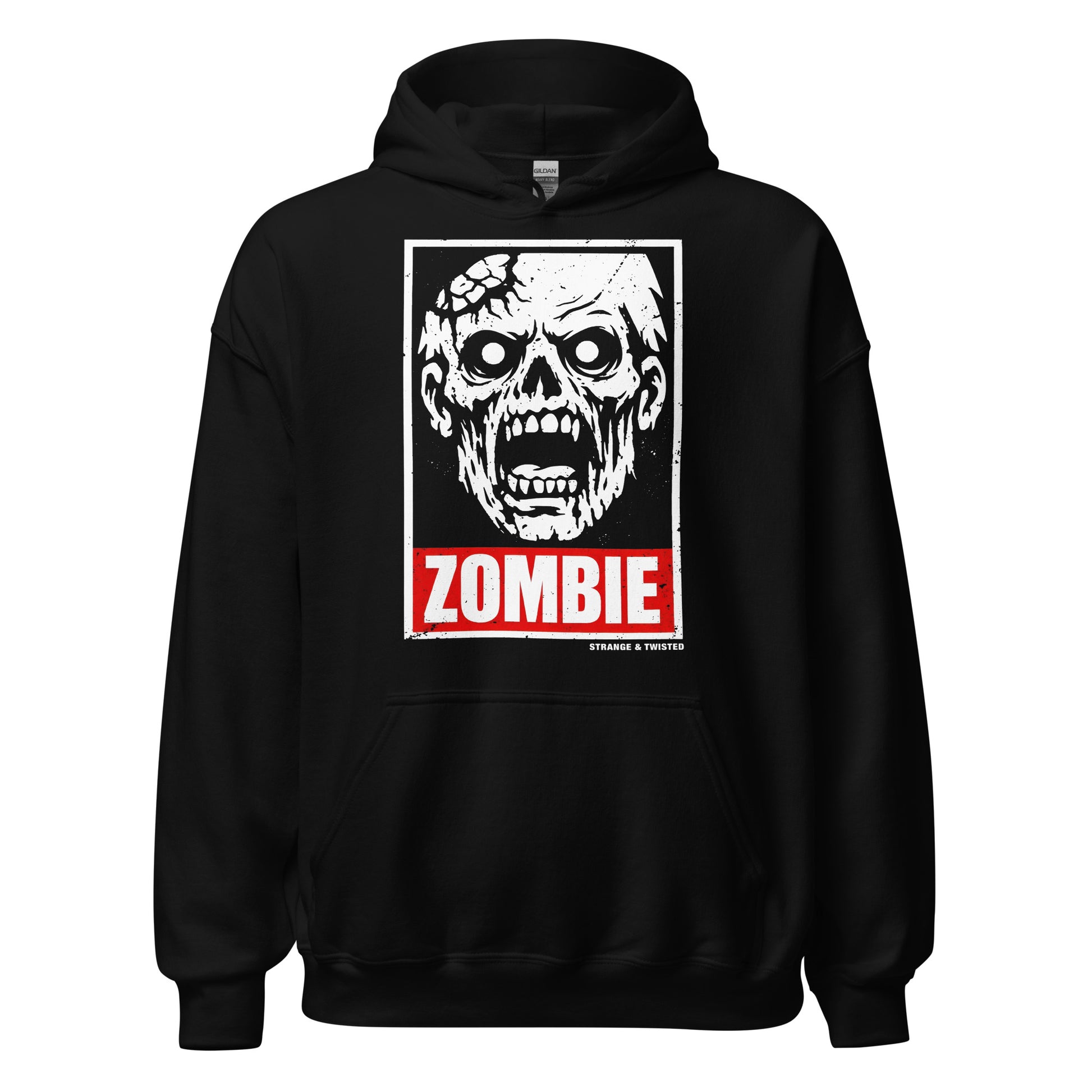 Undead zombie horror hoodie front view with terrifying zombie face graphic and red zombie text on black fabric