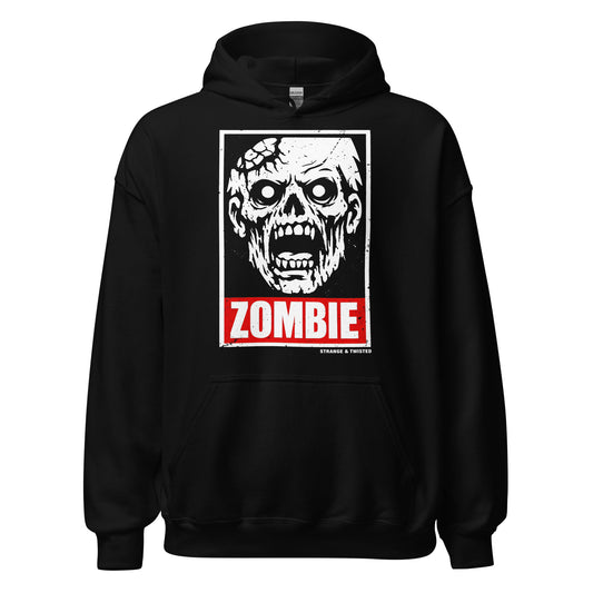 Undead zombie horror hoodie front view with terrifying zombie face graphic and red zombie text on black fabric