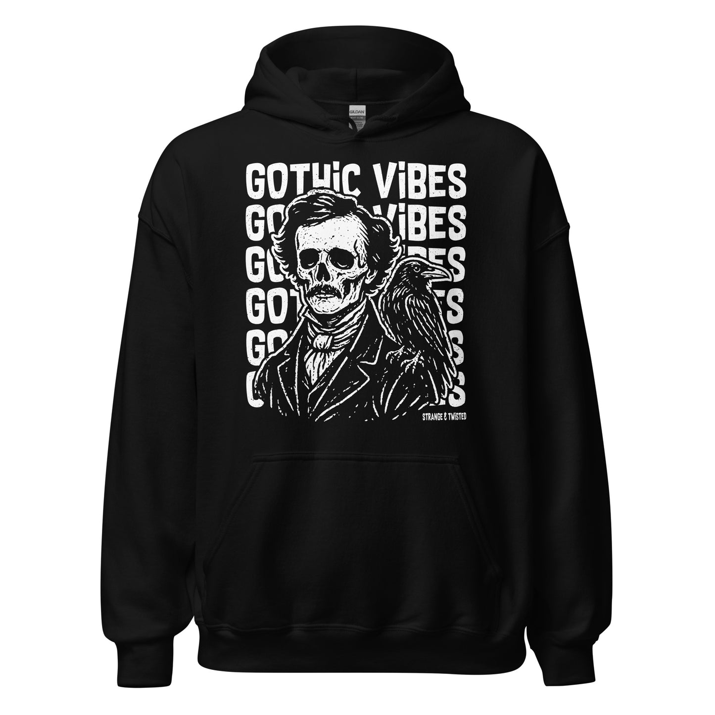 Edgar Allan Poe raven gothic hoodie front view featuring skeletal Poe portrait and raven artwork on black fabric