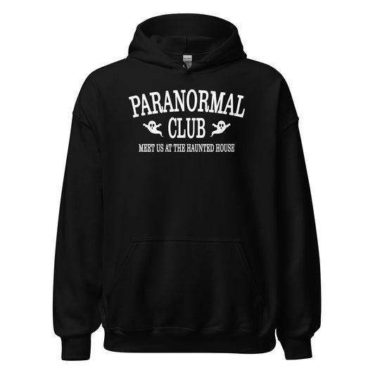 Paranormal Club Haunted House hoodie front view with ghost graphics and paranormal club artwork on black fabric