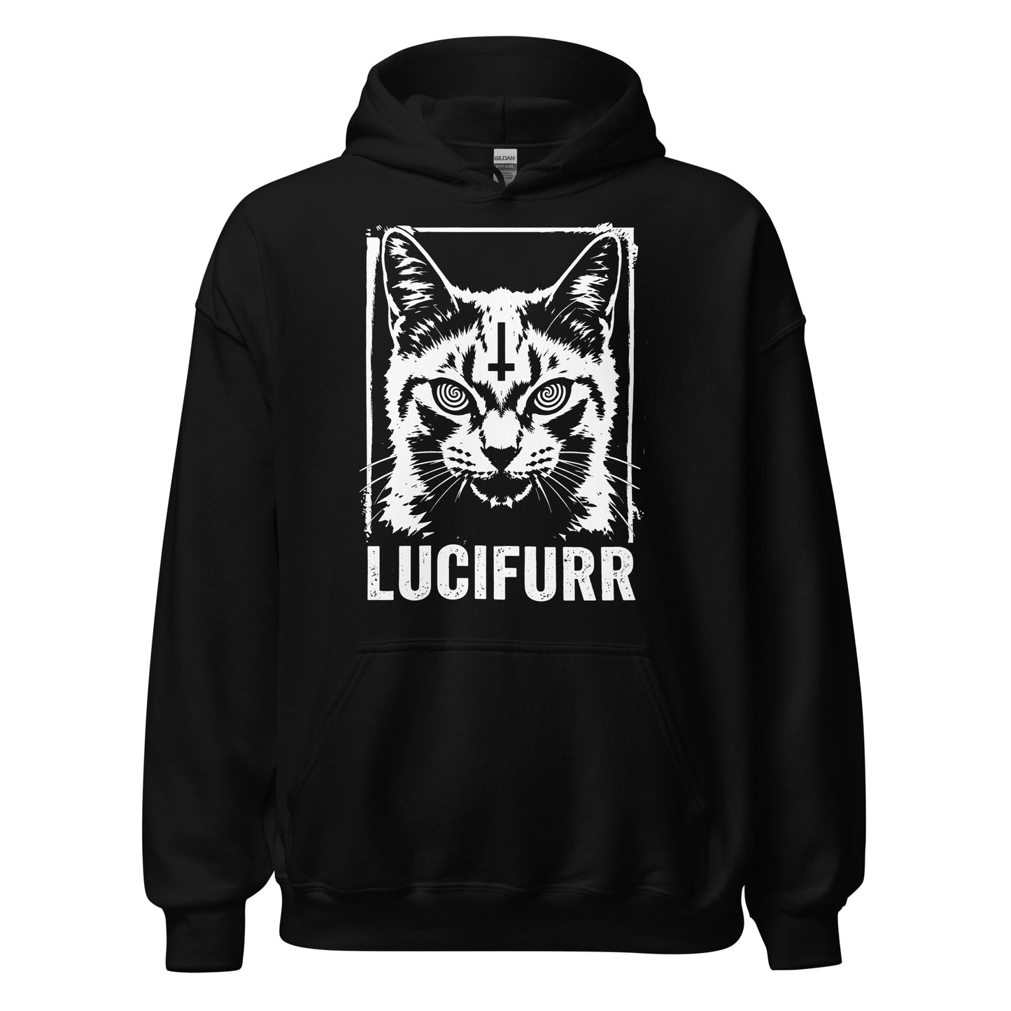 Black satanic cat hoodie with white woodcut Lucifurr print and inverted cross