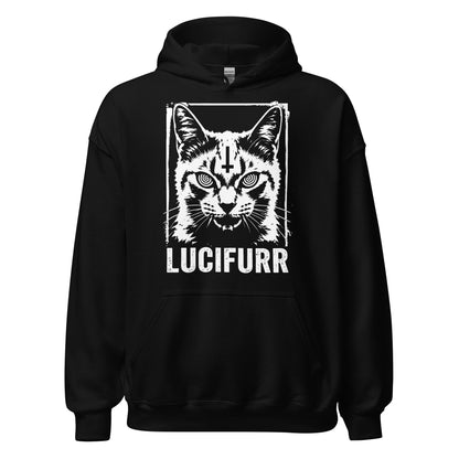 Black satanic cat hoodie with white woodcut Lucifurr print and inverted cross