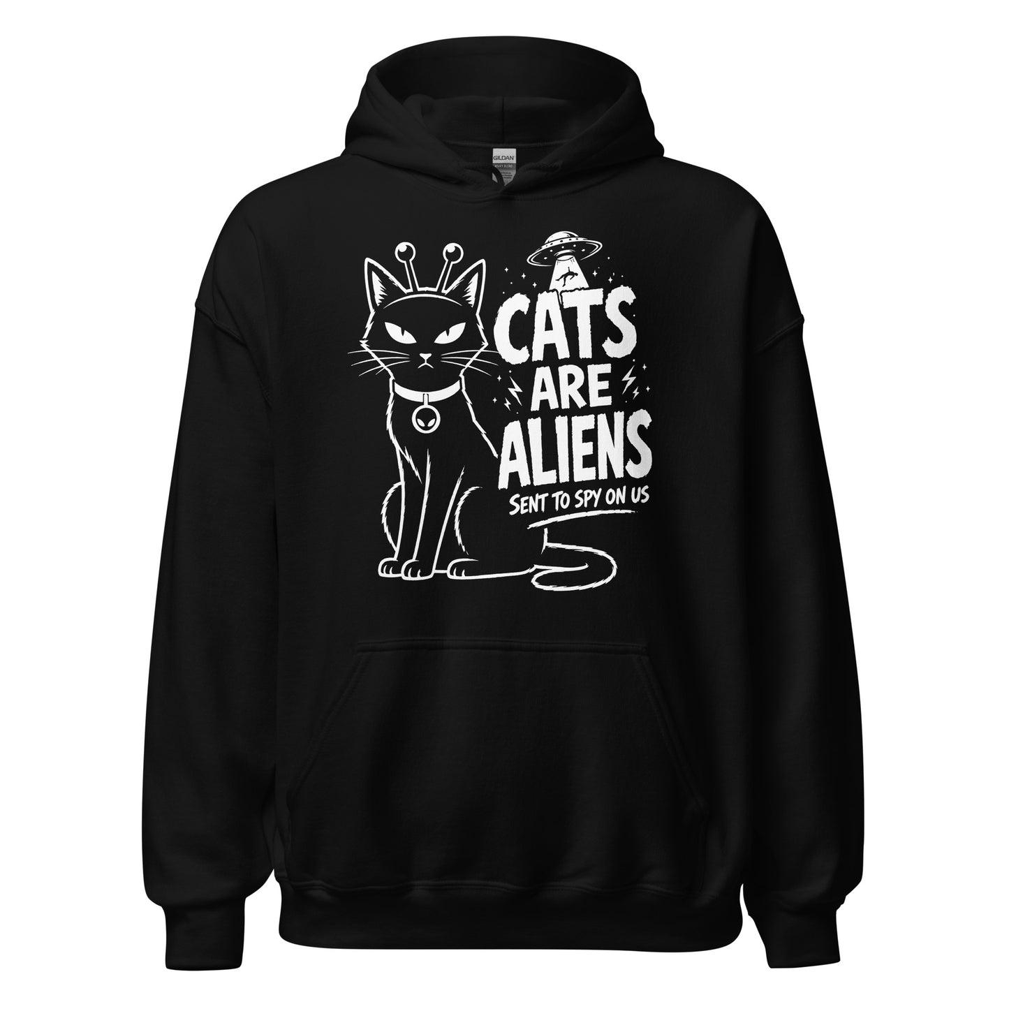 Black cats are aliens hoodie with alien antennae cat and UFO abduction print