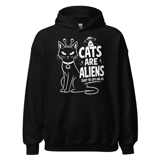Black cats are aliens hoodie with alien antennae cat and UFO abduction print