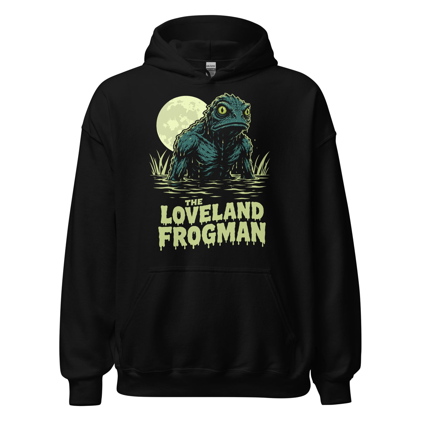 Black Loveland Frogman hoodie with Ohio cryptid rising from swamp water under a full moon