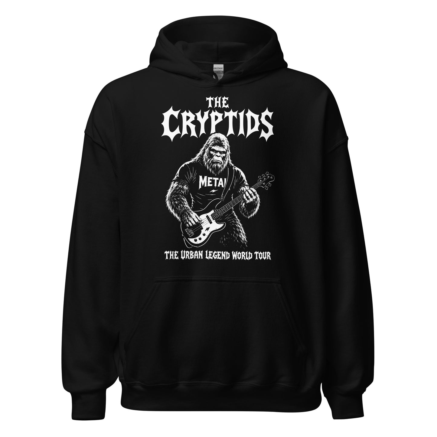 Black bigfoot metal band hoodie with a sasquatch playing bass guitar and tour lettering
