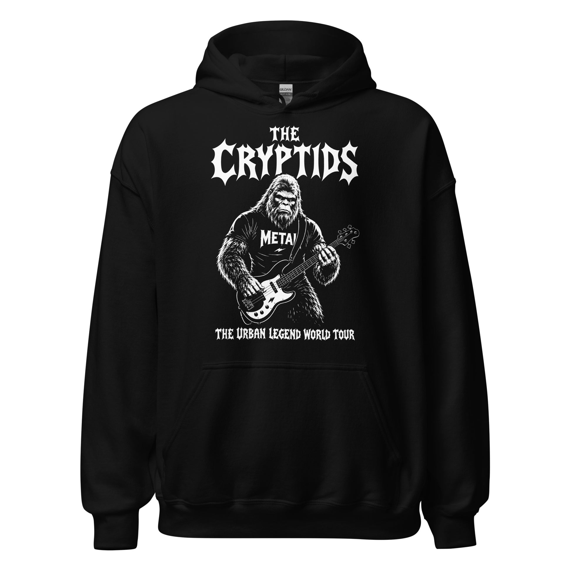 Black bigfoot metal band hoodie with a sasquatch playing bass guitar and tour lettering