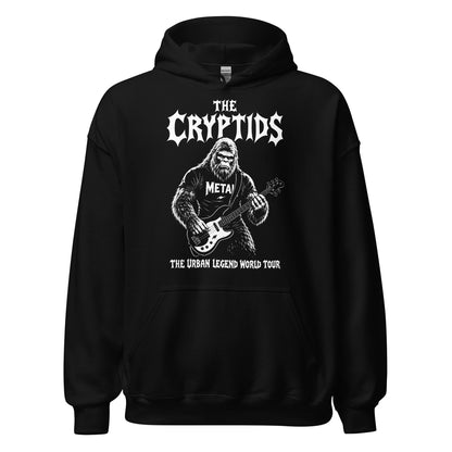 Black bigfoot metal band hoodie with a sasquatch playing bass guitar and tour lettering