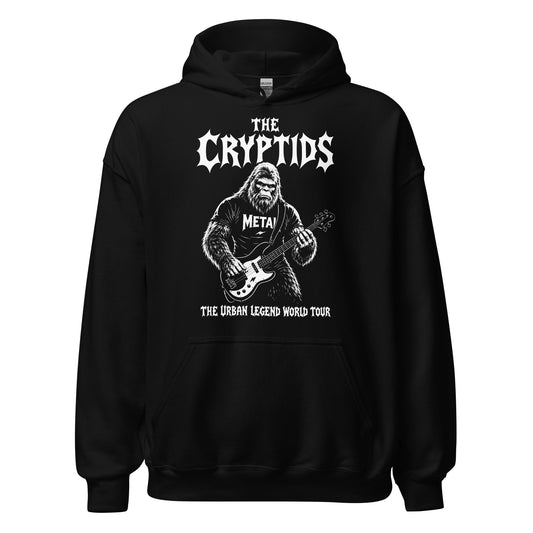 Black bigfoot metal band hoodie with a sasquatch playing bass guitar and tour lettering