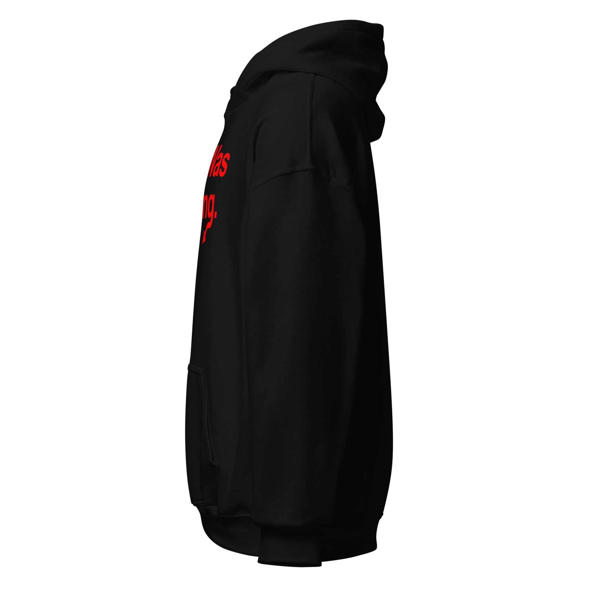 Left side view of black hoodie showing sleeve profile and fit for bold occult design. By Strange & Twisted.