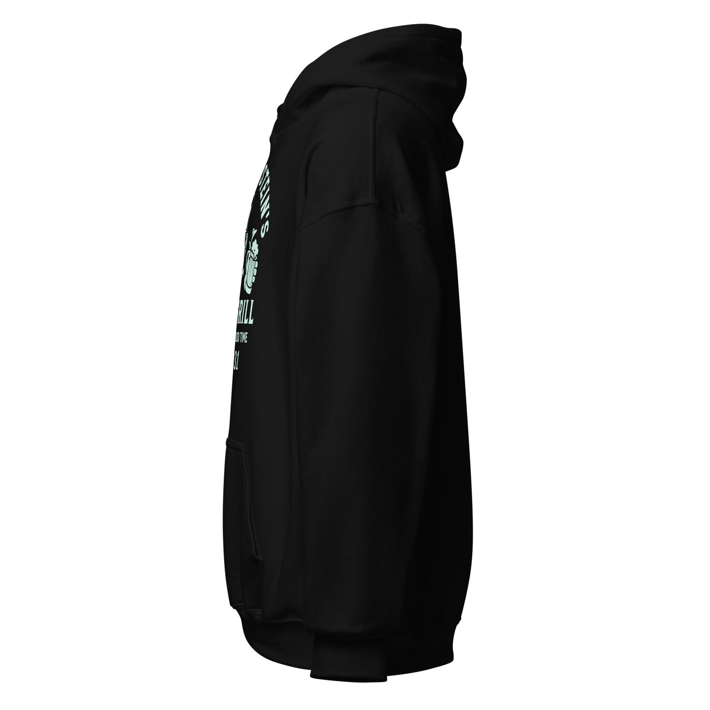 Left side view of black hoodie showing sleeve and fit for Frank and Stein’s mint graphic design, By Strange & Twisted