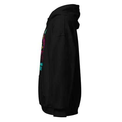 Left side view of black hoodie showing sleeve detail and part of the seated witches illustration.