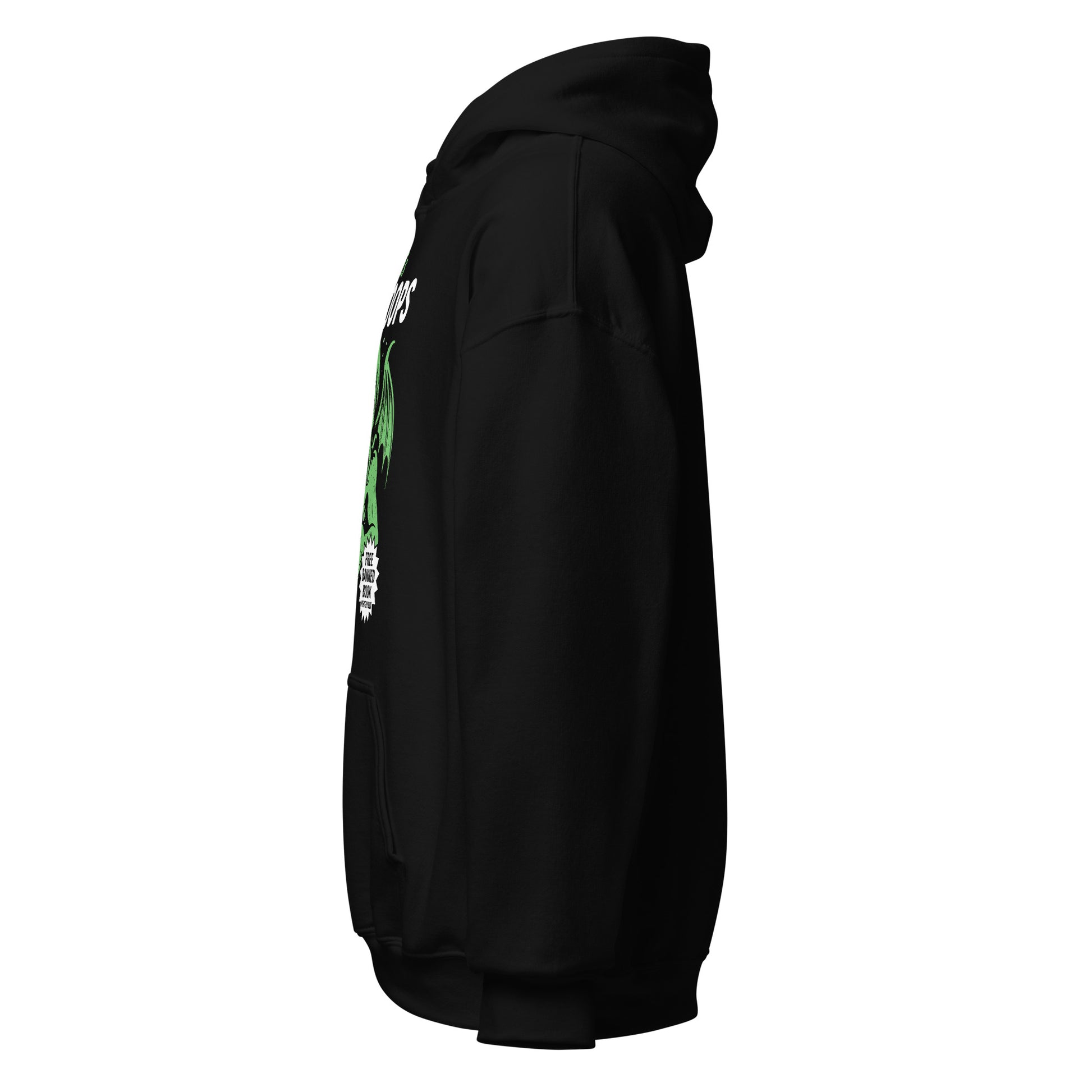 Left side view of a black hoodie showing sleeve detail and partial view of the Cthuloops Cthulhu illustration.