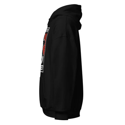 Black hoodie left angle showing plague doctor illustration