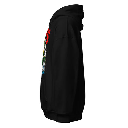 Loch Ness monster hoodie left side view, partial profile of colourful creature design on black