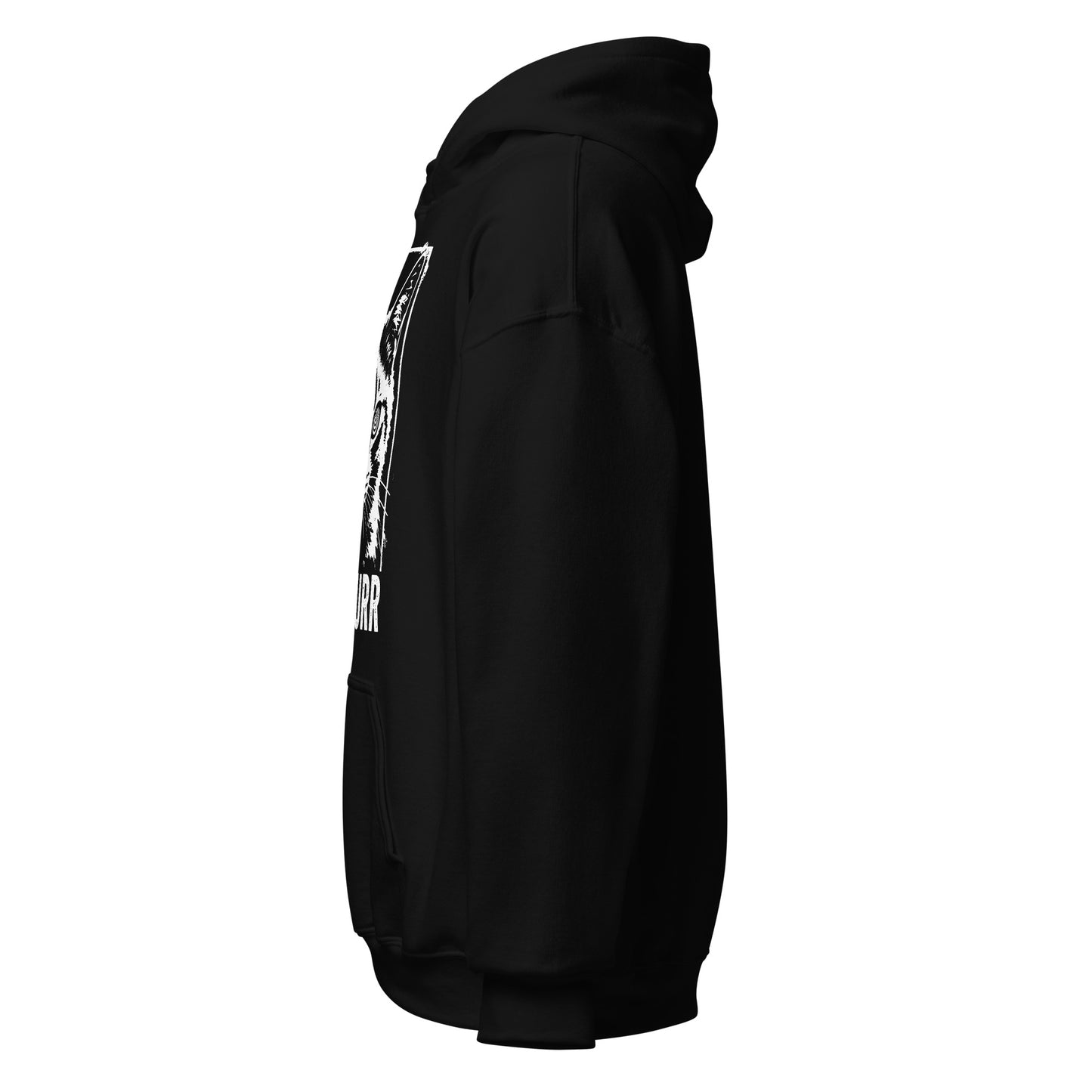 Left side view of the black Lucifurr gothic cat hoodie showing sleeve and hood