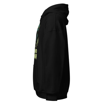 Left side view of the black Loveland Frogman cryptid hoodie showing sleeve and hood