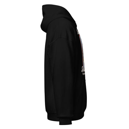 Right side view of black hoodie displaying sleeve fit and side seam structure for bold horror parody streetwear. By Strange & Twisted.