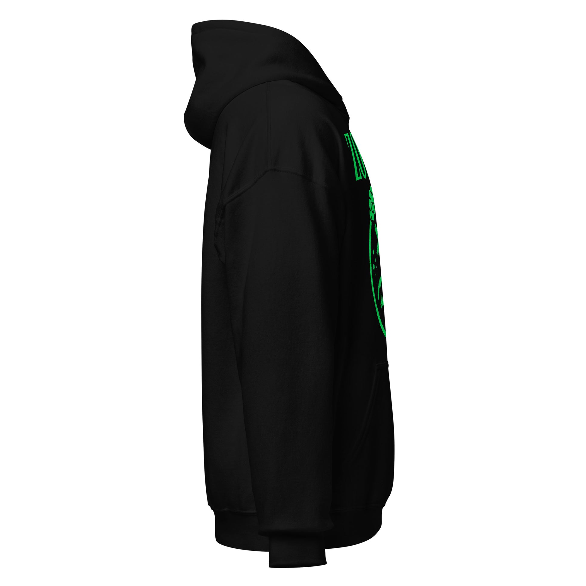Right side view of black zombie hoodie showing shape and design placement, By Strange & Twisted