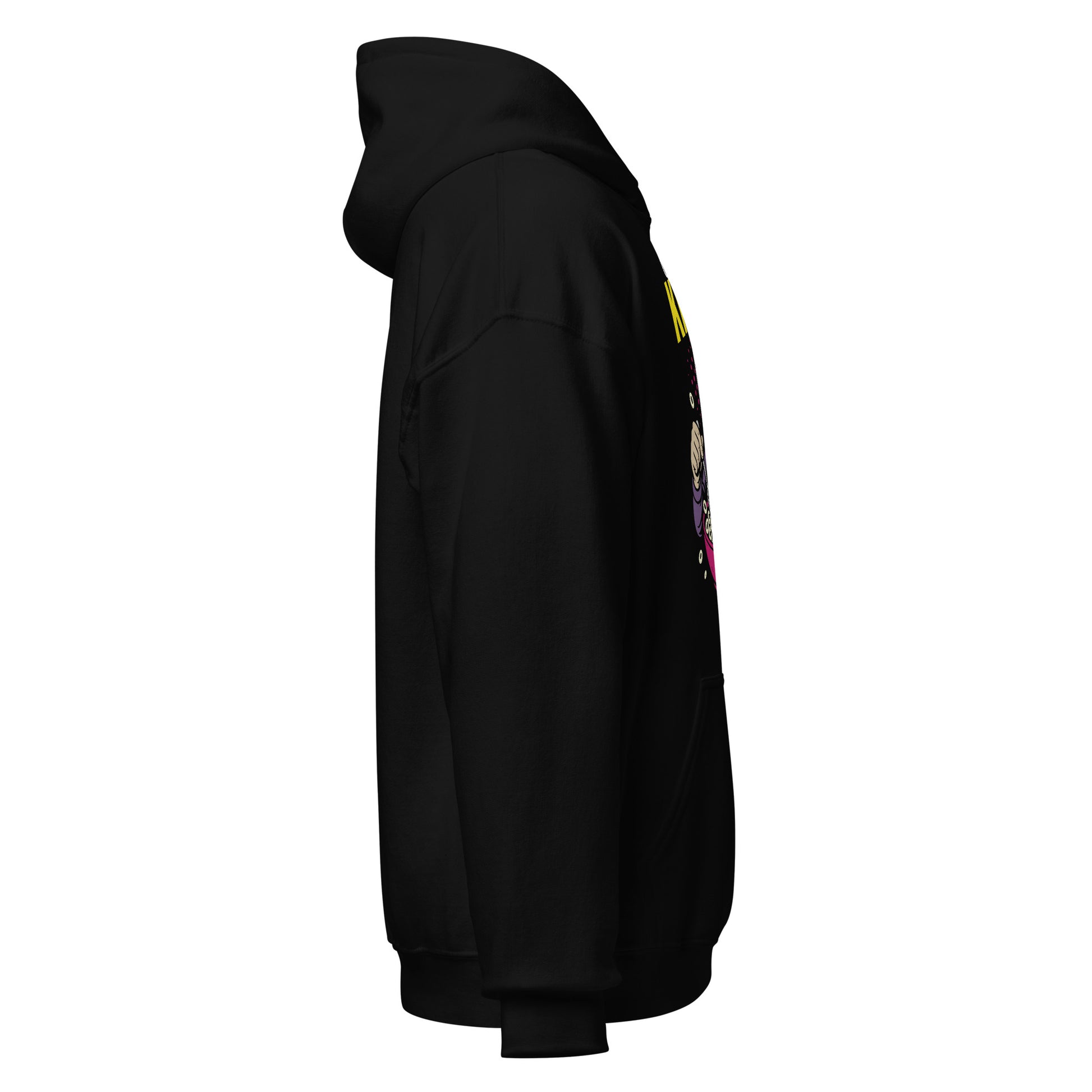 Right side view of black hoodie displaying profile and shape for Cereal Killer cartoon design, By Strange & Twisted