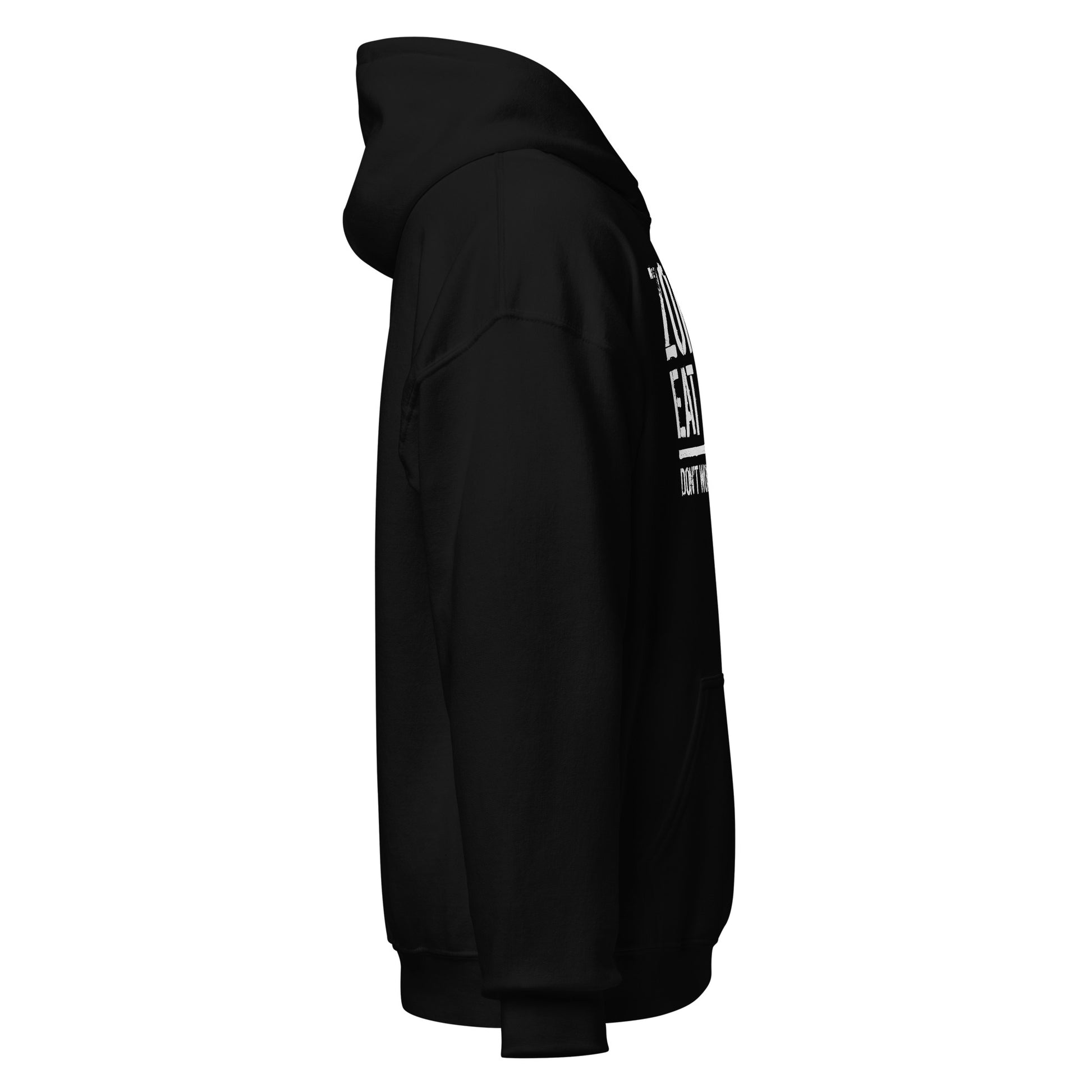 Right side view of black hoodie showing sleeve and partial view of the white zombie humour text.